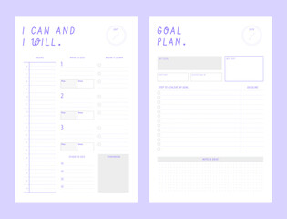 (Purple) I can and I will goal plan planner. Minimalist planner template set. Vector illustration.
