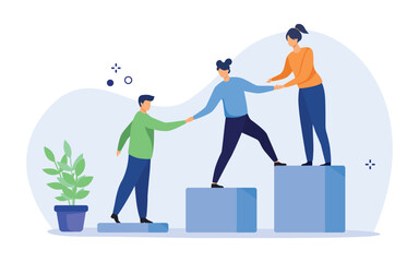 Teamwork, mentorship and cooperation concept. Employees giving hands and helping colleagues to walk upstairs. Vector illustration. - obrazy, fototapety, plakaty