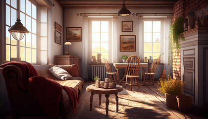 cozy interioir of a farmhouse  living room by generative ai