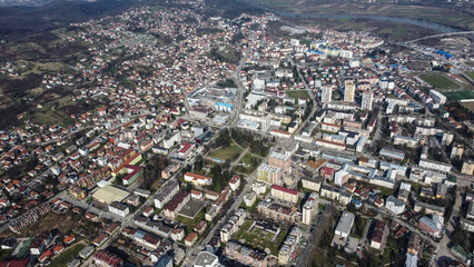 Fototapeta na wymiar Doboj, Bosnia and Herzegovina, drone view. Urban settlements, buildings and streets.