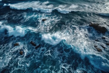 top view of a blue, foamy sea. Shot from above in the open sea. Generative AI