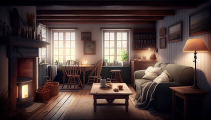 cozy interioir of a farmhouse  living room by generative ai