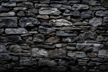 large panoramic texture of an old black stone wall. Dark background of brickwork made of coarsely broken rock. Abstract background in dark gray. Generative AI