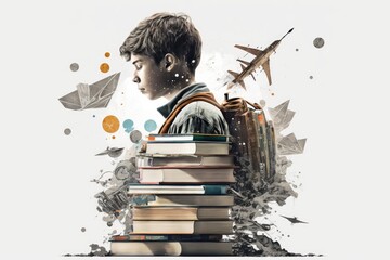 Knowledge and science boy with books artistic graphic collage - Generative AI illustration