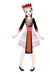 Illustrated Hmong woman wearing traditional Hmong costume