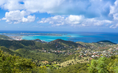 Caribbean cruise vacation, panoramic skyline of Saint Martin island from Pic Paradis lookout.