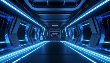Blue White Led Lights Sci Fi Futuristic Modern Spaceship Dark Tunnel Corridor. Generative ai