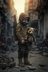 child with teddy in chaos