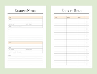 Reading notes and book to read planner. Minimalist planner template set. Vector illustration.