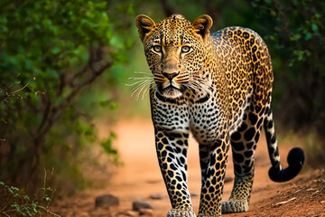 Stunning Leopard coming towards along the road. Generative AI