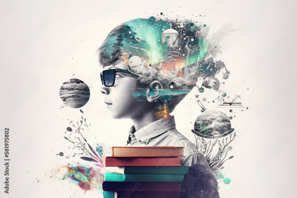 Wall mural knowledge and science boy with books artistic graphic collage - generative ai illustration