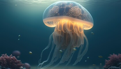 Obraz premium jellyfish robot digital art illustration, Generative AI