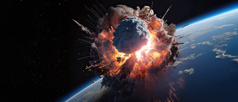 A large explosion on the surface of the earth, or earth's surrounding atmosphere. Nuclear, meter collision or some catastrophe concept. Generative AI.  