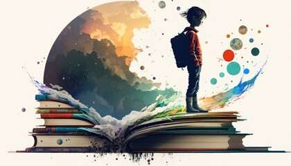 Knowledge and science boy with books artistic graphic collage - Generative AI illustration