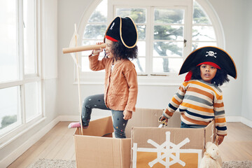 Pirate, box and games with children in living room for playful, creative and imagine. Fantasy,...