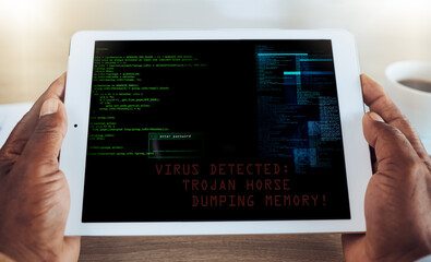 Man, tablet and cyber security virus on screen of internet fraud, 404 phishing scam or data privacy online. Digital coding, trojan horse ransomware and hacking technology of error, crime or html code