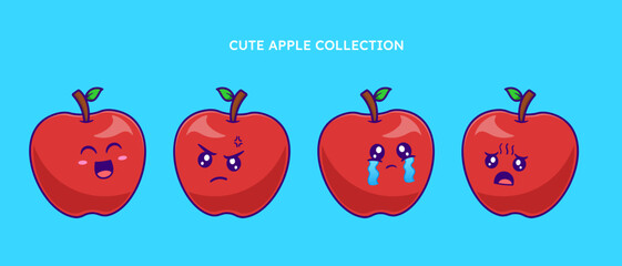 set of cute Apple with various expression on white background isolated flat vector illustration