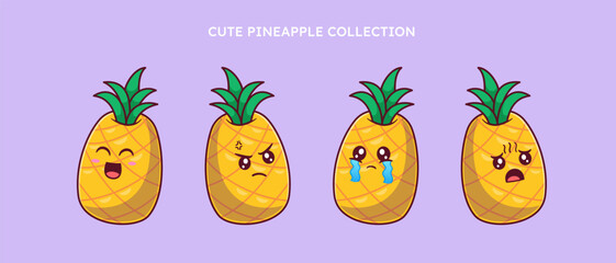 set of cute pineapple with various expression on white background isolated flat vector illustration