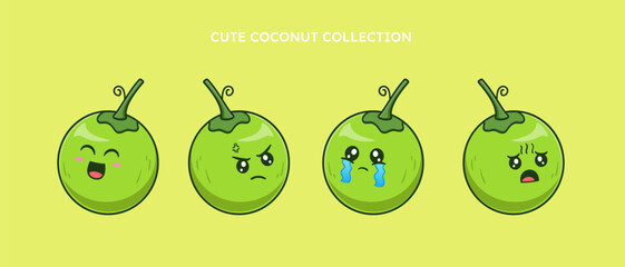 set of cute Coconut with various expression on white background isolated flat vector illustration