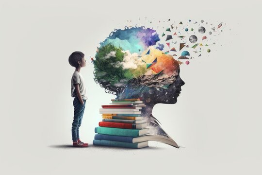 Knowledge and science boy with books artistic graphic collage - Generative AI illustration