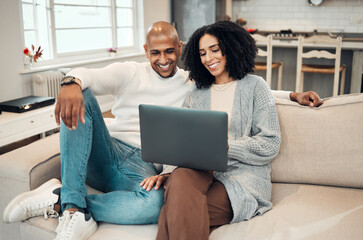 Happy couple, watch movie online with laptop and streaming with network, smile and relax in living room. Subscription, internet connectivity and wifi with technology, people at home together on sofa