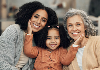 Family, love and portrait by girl with mother and grandmother on a sofa, happy and smile in their home. Bond, relax and face of senior woman with adult daughter and grandchild on couch on the weekend - obrazy, fototapety, plakaty