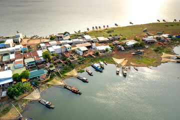 Fishermen's fishing boats are anchored at the wharf. Ben Nom village, Phu Cuong commune, Dinh Quan, Dong Nai, Vietnam 