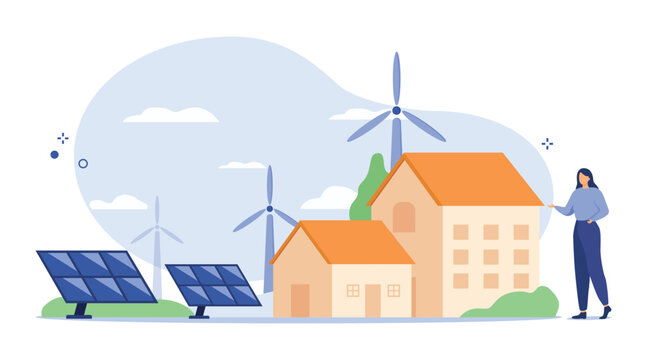 Modern Eco Private House with Windmills and Solar Energy Panels. Cartoon characters living healthy lifestyle. Renewable energy and smart technology concept. Vector Illustration.