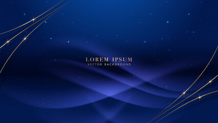 Blue luxury background with golden curve line, light wave, shiny dots, and glitter light effect decoration. Elegant style vector design
