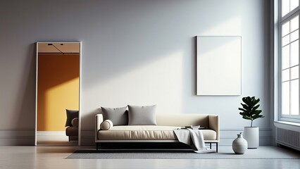 A minimalistic lounge with a light gray interior with a couch sits by a large window, allowing the space to be sunlit. Photorealistic illustration, Generative AI
