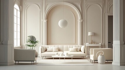 A surreal bright hotel lobby in a monotone off-white neutral color: empty, blank, nobody, no people, photorealistic, illustration, 5K, Generative AI