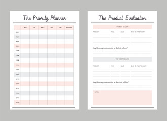 The Priority Planner and Product evaluation Planner. Minimalist planner template set. Vector illustration.