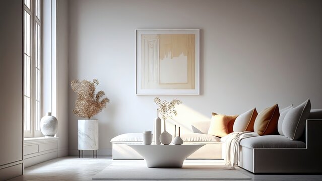 Minimalistic living room deco: empty, blank, nobody, no people, photorealistic, illustration, 5K, Generative AI