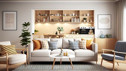 Living room decor: family room, empty, blank, nobody, no people, photorealistic, illustration, 5K, Generative AI