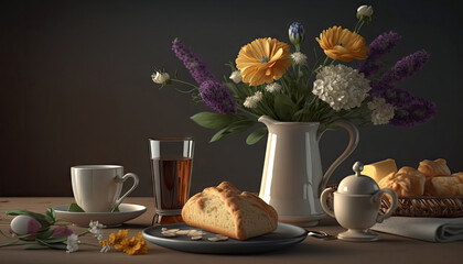 Afternoon set up of classic tea on ceramic marble table decorated with spring flowers and dessert, hot tea on the cup, popular drinks beverage, with Generative AI.