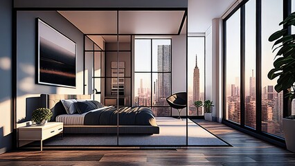A high-rise apartment bedroom interior with a view of the city skyline: empty, blank, nobody, no people, photorealistic, illustration, 5K, Generative AI