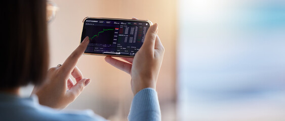 Stock market, fintech chart and phone in hands of woman for crypto, trading analysis and bitcoin...