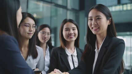 Professional Workplace Female Women: Asian Accountants Greeting with Confidence Friendliness in Business Setting, Diversity Equity Inclusion DEI Celebration (generative AI