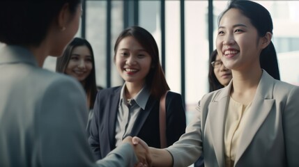 Professional Workplace Female Women: Asian Consultants Greeting with Confidence Friendliness in Business Setting, Diversity Equity Inclusion DEI Celebration (generative AI