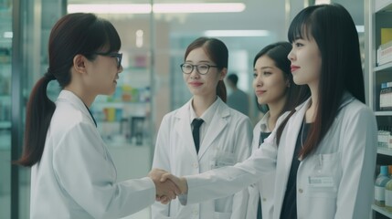 Fototapeta premium Professional Workplace Female Women: Asian Pharmacists Greeting with Confidence Friendliness in Business Setting, Diversity Equity Inclusion DEI Celebration (generative AI