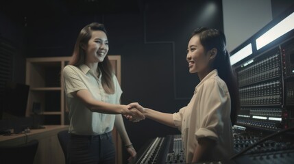 Professional Workplace Female Women: Asian Radio operators Greeting with Confidence Friendliness in Business Setting, Diversity Equity Inclusion DEI Celebration (generative AI