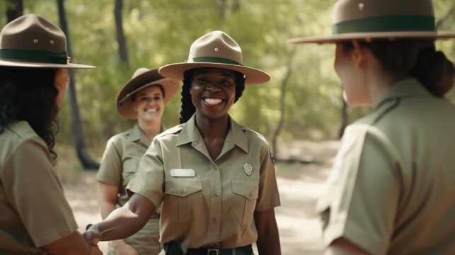 Professional Workplace Female Women: African American Black Park rangers Greeting with Confidence Friendliness in Business Setting, Diversity Equity Inclusion DEI Celebration (generative AI