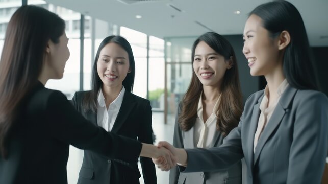 Professional Workplace Female Women: Asian Real estate agents Greeting with Confidence Friendliness in Business Setting, Diversity Equity Inclusion DEI Celebration (generative AI