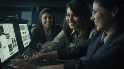 Professional Workplace Female Women: Hispanic Air traffic controllers Greeting with Confidence Friendliness in Business Setting, Diversity Equity Inclusion DEI Celebration (generative AI