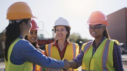 Professional Workplace Female Women: Hispanic Construction workers Greeting with Confidence Friendliness in Business Setting, Diversity Equity Inclusion DEI Celebration (generative AI