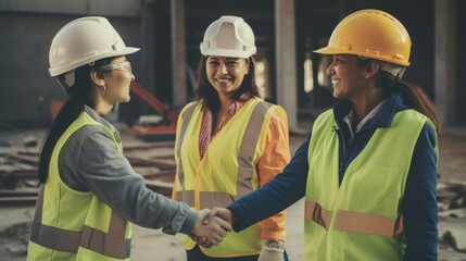 Fototapeta na wymiar Professional Workplace Female Women: Hispanic Construction workers Greeting with Confidence Friendliness in Business Setting, Diversity Equity Inclusion DEI Celebration (generative AI