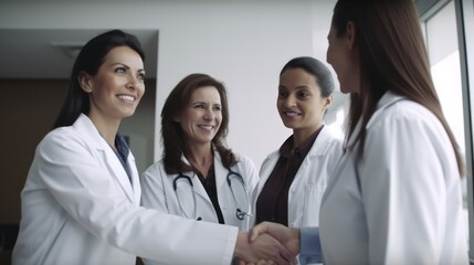 Fototapeta premium Professional Workplace Female Women: Hispanic Doctors Greeting with Confidence Friendliness in Business Setting, Diversity Equity Inclusion DEI Celebration (generative AI