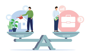 Tiny male characters balancing on huge scale. Balance between work and home illustration.  Vector illustration.