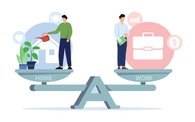 Obraz premium Tiny male characters balancing on huge scale. Balance between work and home illustration. Vector illustration.