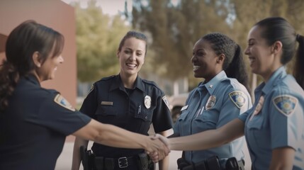 Professional Workplace Female Women: Hispanic Police officers Greeting with Confidence Friendliness in Business Setting, Diversity Equity Inclusion DEI Celebration (generative AI